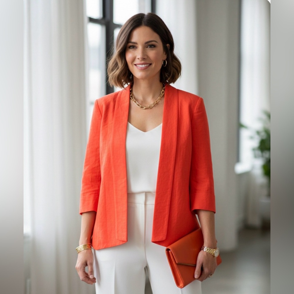 Kasper Linen Blend‎ Bright Coral Orange Open-Front Blazer - Size Medium
